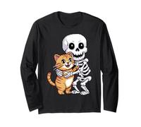 Skeleton Hugging Cat Cute Halloween Graphic Pixel Art Manche Longue