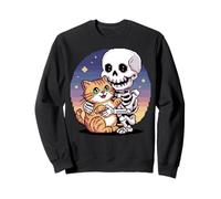 Skeleton Hugging Cat Cute Halloween Graphic Pixel Art Sweatshirt