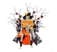 Skeleton Pumpkin Halloween Decoration 13.77in Tabletop | Polyester, Foam, Plastic Mix, 13.77x7.87in Size, Lightweight 215g, Indoor Or Covered Outdoor Use, No Assembly Needed