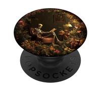 Skeleton Reading Book Floral Wreath Boho Botanical Art PopSockets PopGrip Adhésif