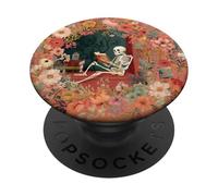 Skeleton Reading Book Floral Wreath Boho Botanical Art PopSockets PopGrip Adhésif