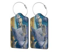 Skeleton Reading The Newspaper Lot de 2 étiquettes à bagages en cuir avec rabat d'intimité et boucle en métal pour homme et femme