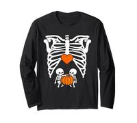 Skeleton Twin Baby Pumpkin Pregnancy Alert Mom Halloween Manche Longue