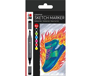Sketch Graphix Lot de 6 marqueurs à pointe double japonaise 1-7 mm Pointe biseautée fine 1 mm Couleurs brillantes, encre à séchage rapide, sans odeur et imperméable