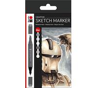 Sketch Graphix Lot de 6 marqueurs Alpha Robot, pointe double japonaise 1-7 mm et pointe fine 1 mm, couleurs brillantes, encre à base d'alcool, sans odeur et imperméable