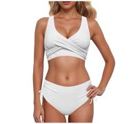 SKFLABOOF Bikini pour femme - Taille haute - Blanc - Souffant le ventre - Push Up - Sportif - Rouge - Triangle - Pour petits seins, 001 blanc., L