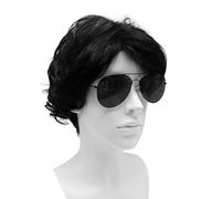 SKHAOVS 2 Pièces Cheveux Courts Lunettes de Soleil Set,Courte Perruque pour Homme,Naturel Ondulé Cheveux Synthétiques Perruques,70s 80s Rock Hippie Star Cosplay pour Halloween Carnaval Fête (Noir)