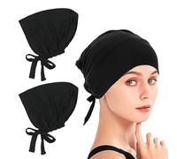 SKHAOVS 2 Pièces Hijab Femme en Polyester - Foulard Cheveux Respirant Réglable Turban Bonnet de Couchage Noir Couleur Unie (2pcs)
