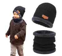 SKHAOVS 2 Pièces Noir Chapeau d'Hiver Écharpe Ensemble Chaud Bonnet Tricoté Arctique Velours Doublé pour Enfants 3-10 Ans Garçons Filles (Noir)