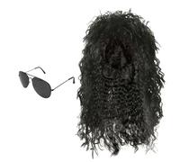 SKHAOVS 2 Pièces Noir Ensemble de Perruque Rocker Hommes Années 80 Hippie Disco Lunettes de Soleil Mulet Bouclée pour Fête Halloween Carnaval