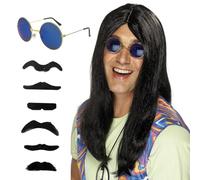 SKHAOVS 3 Pièces Ensemble de Costume Hippie Avec Perruque Noire, Moustache, Lunettes de Soleil - Accessoires Années 70 pour Fêtes, Carnavals, Halloween (Noir)