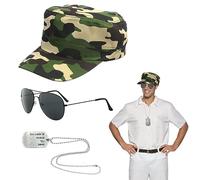 SKHAOVS 3 Pièces Militaire Capitaine de Costume de Pilote avec Chapeau Camouflage Lunettes de Soleil Étiquette de Chien Policier Costume pour Halloween Fête à Thème Jeu de Rôle Costume Dress up
