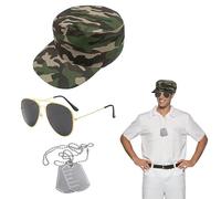 SKHAOVS 3 Pièces Militaire Déguisement Capitaine de Costume de Pilote avec Chapeau Camouflage Lunettes de Soleil Étiquette de Chien Policier Déguisement pour Halloween Fête à Thème dress up