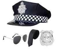 SKHAOVS 4 Pièces Costume Accessoires de Police pour Adultes Chapeau, Police Insigne, Lunettes de Soleil, Jeu De Simulation De Police, pour Halloween Fête à Thème Jeu de Rôle Dress up