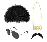 SKHAOVS 4 Pièces Ensemble de Costume Hippie, Hippie Perruque, Deguisement Annee 80/90 Homme, Accessoires Hippie, Hippie Perruque, Perruque Afro Funky, pour Fête à Thème des Années 50/60/70 (4 Pièces)