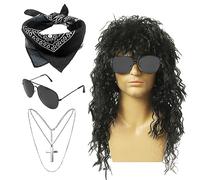 SKHAOVS 4 Pièces Ensemble de Costume Hippie Perruque Disco Années 60/70/80 Perruque Rock Perruque Hippie Perruque Bouclée Lunettes de Soleil Bandana Collier Croix pour Soirée à Thème Halloween(Noir)