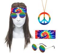 SKHAOVS 4 Pièces Ensemble de Perruque Hippie Perruque Marron Lunettes de Soleil Collier de Paix Bandeau Tie-Dye Accessoires de Costumes des Années 60 pour Hommes Femmes (4 Pièces)