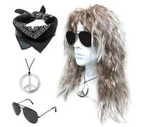 SKHAOVS 4 Pièces Ensemble de Perruque Rock Accessoires de Costume Disco Années 60/70/80 Costume Hippie Perruque Bou Lunettes de Soleil Bandana Peace Collier Perruque Disco pour Fête Halloween