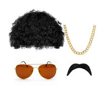 SKHAOVS 4 Pièces Hippie Perruque Set, Ensemble de Costume Hippie, Perruque Afro Funky, Accessoires Hippie, Deguisement Annee 80/90 Homme, Deguisement Hip Hop pour Halloween Fêtes Carnaval