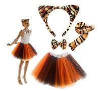 SKHAOVS 4 Pièces Set de Costume de Tigre Coiffure Oreilles de Tigre,Queue,Noeud, Tutu,Ensemble de Costumes pour Adultes Enfants Carnaval Déguisement Halloween Soirée Cosplay (Costume de Tigre)