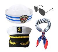 SKHAOVS 4Pcs Ensemble de Costume de Capitaine Marin Casquette Marine Chapeau de Capitaine Marin écharpe Lunettes de Soleil Chapeau de Fête pour Adultes (4Pcs)