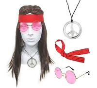 SKHAOVS 4pcs Ensemble de Costumes Hippie Perruque Hippie Hommes Années 60/70/80 Perruque Rock Costume Disco Perruque Longue Marron Lunettes de Soleil Bandana Collier pour Fête Rave Halloween