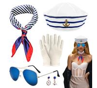 SKHAOVS 5 Pièces Ensemble de Costume de Capitaine de Marin Costume De Marin Pour Femme,Chapeau marin,Accessoires Nautiques,pour Yacht Party Halloween Cosplay Fête (5 PCS)