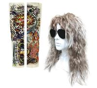 SKHAOVS 70s 80S Halloween Costumes à bascule Dude Perruque Manches de Tatouages Temporaire Perruque hommes Blanc mulet Punk en métal à bascule Disco longue perruque de cheveux (Blanc)
