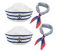 SKHAOVS Ensemble de Costume Capitaine Marin, Chapeau et Écharpe à Rayures, Casquette de Navire, Taille Unique, Tenue Soirée Habillée pour Femmes et Hommes (Bleu)