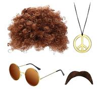 SKHAOVS Ensemble de Costume Hippie, Hippie Perruque Set, Deguisement Annee 80/90 Homme, Accessoires Hippie, Perruque Afro Funky, Chic Lunettes de Soleil, Moustache et Collier Signe Disco