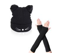 SKHAOVS Ensemble thermique 2 pièces avec oreilles de chat avec longs gants sans doigts, bonnet mignon pour amoureux des chats, bonnet tricoté chaud pour l'hiver, cadeau de chat pour filles, femmes,