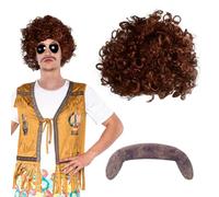 SKHAOVS Hippie Afro Perruque Ensemble de Perruques Hippies Deguisement Disco Homme Ensemble de Costume Hippie Moustache Hippie Homme Annee 80 90 Carnaval ou Fêtes à Thème(Marron Foncé)