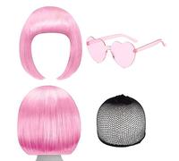 SKHAOVS Perruque Bob Rose Pêche et Ensemble de Lunettes de Soleil Perruque Partyrama Coupe au Carré Classique, Neon Short Bob Lunettes de Soleil Costume, frange Unique (Pink)