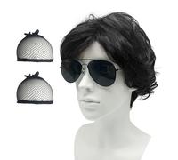 SKHAOVS Perruques Naturel Ondulé Cheveux Synthétiques Perruques Fête ou Usage Quotidien Postiche Homme Costume Afro funky des années 70 Perruque Disco, Carnaval, Mardi gras, Fête à thème (Noir)