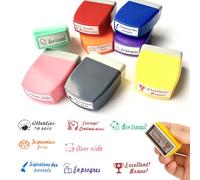 SKIKHN 8 Pièces Tampons Enseignants Français, Multicolore Tampon Auto Encreur, Plastique Tampon Encreur Enseignant Français pour Cadeau Professeur, avec Plastique Boîte, pour Encourager Motiver Élèves