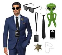 SKIKHN Ensemble d'accessoires de costume d'agent secret avec porte-carte d'identité, cravates noires, lunettes de soleil, oreillettes gonflables, extraterrestres verts