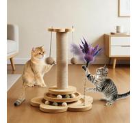 SKIKHN Jouet pour Chat Intérieur en Bois 4 en1,50CM Colonne De Griffe D'intérieur en Bois,Arbre à Chat avec Jouets,Arbre à Griffoir Corde en sisal avec Balle Tournante, Plumes, pour Chats