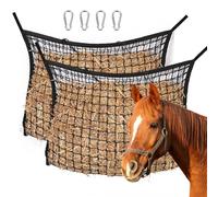 SKIKHN Lot de 2 filets à foin pour chevaux - Grand sac à foin - 80 x 90 cm - Maillage serré de 3 x 3 cm - Avec mousquetons - Sac à nourriture pour poneys, chèvres, animaux - Noir