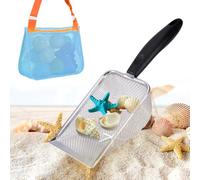 SKIKHN Pelle de Plage en Maille, Tamis À Dents de Requin avec Sac de Plage en Maille, Pelle à Sable pour Enfants pour Ramasser Les Coquillages, Tamis À Sable en Acier Inoxydable pour Garçons et Filles