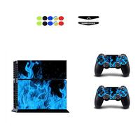 Skin for PS4, Chickw1 Vinyle Protective Autocollant Decal Sticker pour Playstation 4 Console + 2 Dualshock Manette Set Skins + 10pc Thumb Grips + 2pc Light Bar au Hasard (Bleu Feu)