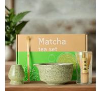 Skinkura Ensemble de matcha en céramique 4 pièces - Bol Chawan, batteur et cuillère en bambou, porte-fouet | Outils complets pour cérémonie du thé matcha japonais | Qualité supérieure