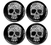 SkinoEu® 4 x 60mm Autocollant 3D Silicone Cache-Moyeu Capuchons de Centre Enjoliveurs de Roue Voiture Cache Moyeux Jante Universel Cache-Moyeux Crâne Tête De Mort Squelette Fleurs A 8060