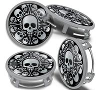 SkinoEu 4 x 75mm Cache-Moyeu Capuchons de Centre Enjoliveurs de Roué Voiture Cache Moyeux Jante Alliage Cache-Moyeux Compatible avec Numéro de Pièce B66470207 / B66470200 Argent Le Crâne cms 2