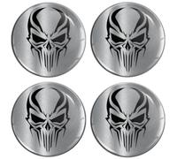 SkinoEu Lot de 4 autocollants de 70 mm pour enjoliveurs, cache-moyeux, cache-moyeux de roue - Noir argenté - Crâne tête de mort A 5870