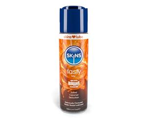 Skins Lubrifiant aromatisé au caramel salé 130 ml - Lubrifiant à base d'eau pour usage oral et intime - Gel lubrifiant sexuel comestible végétalien - Sans sucre, non collant, lubrifiant à lécher
