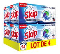 Skip Capsules Lessive Ultimate 4en1 Blancheur Éclatante, 96 Lavages | Ravive l'éclat du linge blanc dès le premier lavage, efficace en cycle court et à froid, technologie Cristal Blancheur