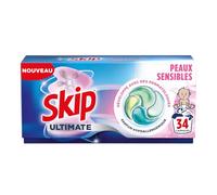 Skip Lessive Capsules Ultimate 4en1 Peaux Sensibles - Capsules Lessive Efficace Même à Froid et en Cycle Court - Parfum Hypoallergénique - Développée Avec Des Dermatologues - 34 Lavages