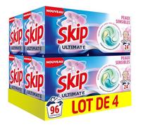 Skip Lessive Capsules Ultimate 4en1 Peaux Sensibles - Nettoyage Efficace Même à Froid et en Cycle Court - Parfum Hypoallergénique - Pods Lessive Développée Avec Des Dermatologues - 96 Lavages (4x24)