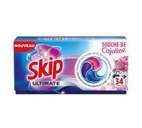 Skip - Capsules Lessive Ultimate 4en1 Touche de Cajoline - Parfum Longue Durée Rose et Fleur Blanche - Technologie Fragrance Care - Capsules Lessive avec Adoucissant Intégré - 34 Lavages
