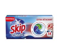 Skip Lessive Capsules Ultimate 4en1 Extra Détachant - Imbattable sur Taches Incrustées, Sans Pré-Traitement - Technologie Nano Power™ - Capsules Lessive Efficace - 34 Lavages